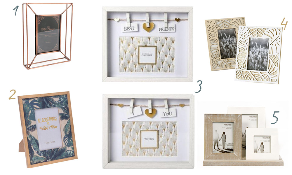 1. Marco GEOMÉTRICO COBRE, 2. Marco de fotos TROPICAL, 3. Marco PINZAS, 4. Marco WHITE y 5. Set 3 marcos BANDEJA regalos originales para Navidad