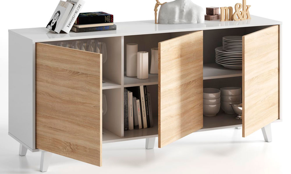 Aparador de 3 puertas modelo LINE, con estructura en acabado blanco brillo y frentes de roble como organizar una casa desordenada