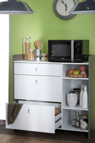 Mueble para microondas BATTERY con 3 cajones y estantes laterales como organizar una casa desordenada