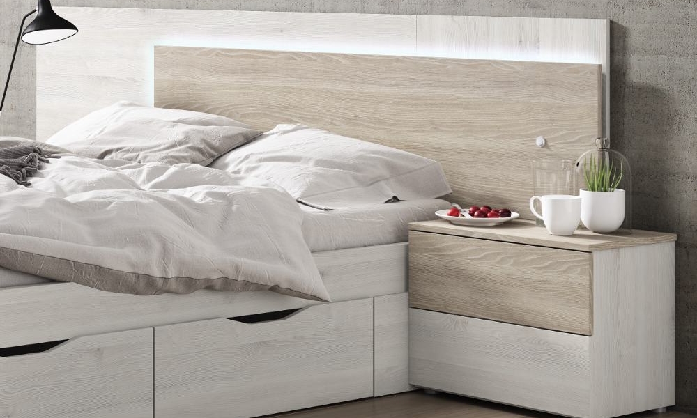 Cabecero de cama con Led y 2 mesitas a juego MÓNACO en blanco y roble combinado como organizar una casa desordenada