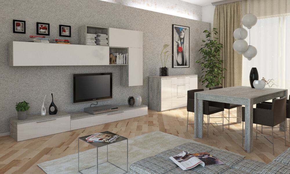 Mueble modular de salón HOME con estructura interior de 3 metros y estantes superiores como organizar una casa desordenada