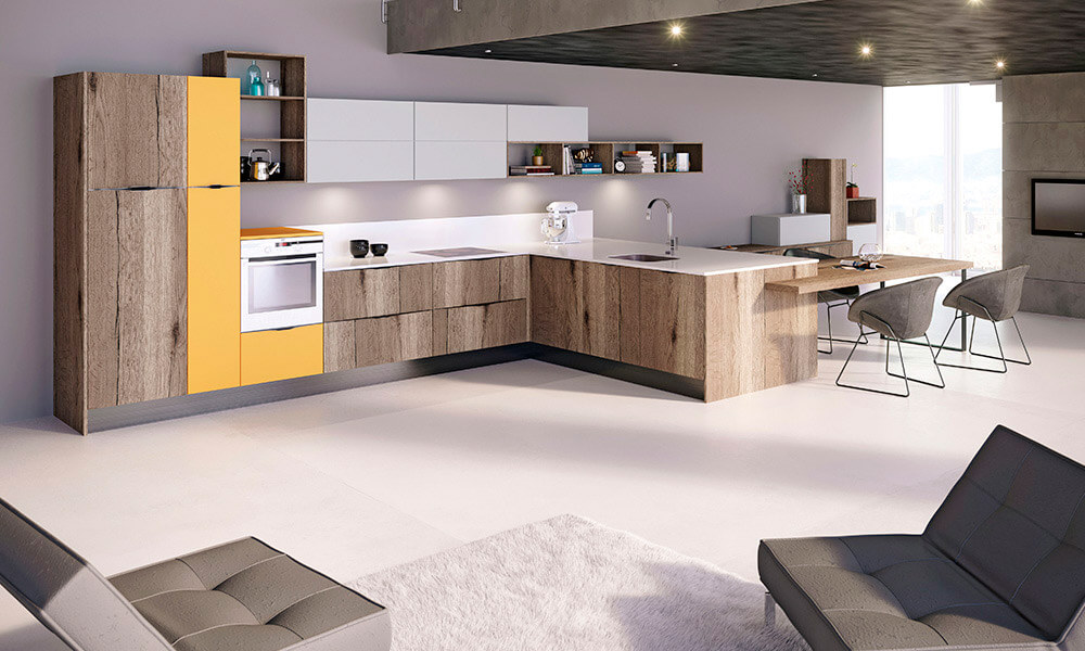 Cocina en forma de L para separar la cocina del salón y con una mesa más baja pegada a la península amueblar cocina
