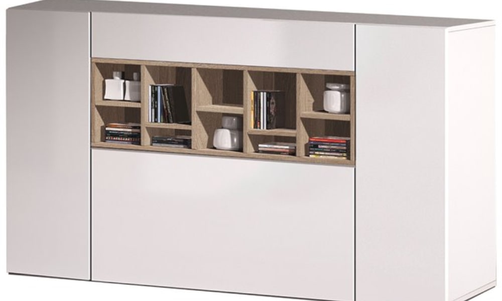 Aparador MANHATTAN en blanco y roble con 3 puertas y 1 cajón decoracion salon moderno blanco