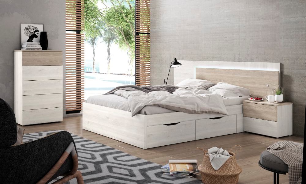 Cabecero de cama MÓNACO en color blanco y roble, ¡con leds y mesitas! orientacion cama