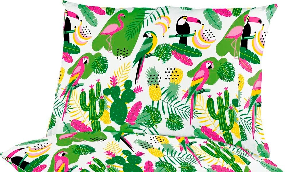 Surtido cojín TROPICAL con divertido estampado. Disponible en varios modelos. cojines vivos con flores y aves para sofa beige