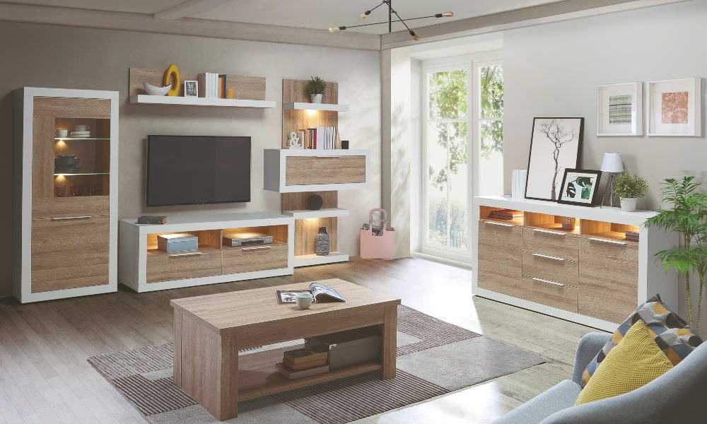 Conjunto de salón TEIMLO en color roble y blanco. Su diseño clásico y puro, donde destaca el frontal, permite integrarlo en cualquier decoración. como quitar la humedad de las paredes