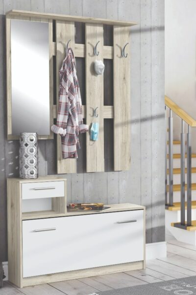 Mueble recibidor FOXI con espejo, cajón, armario zapatero y perchero, en color roble arena y blanco. Una pieza práctica y completa para transmitir orden desde la entrada de tu casa. como quitar la humedad de las paredes