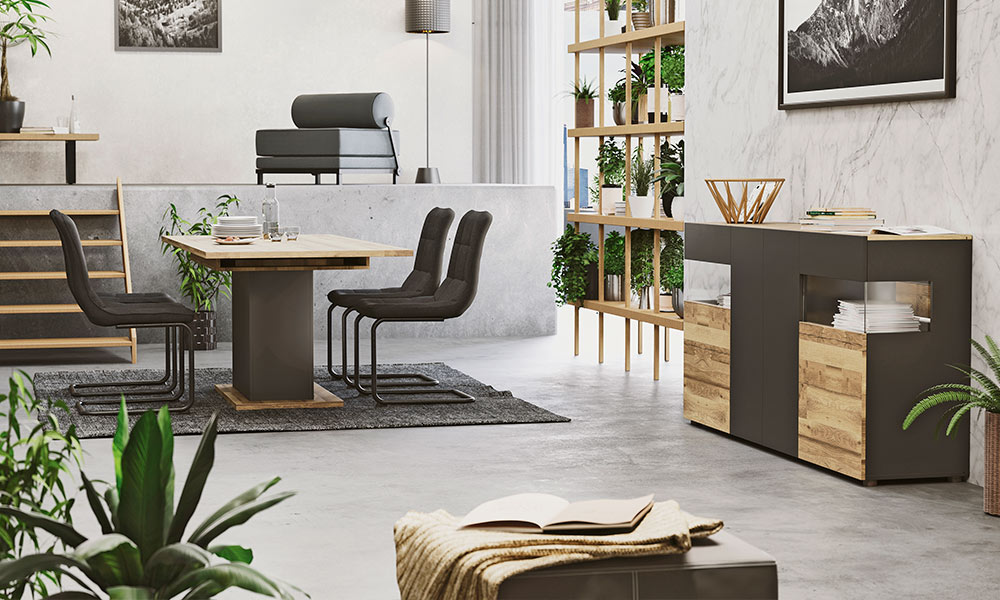 Los muebles de salón y comedor SION, en madera y gris oscuro, son una combinación ideal para paredes en distintos tonos de blanco e incluso gris gama de colores blanco roto