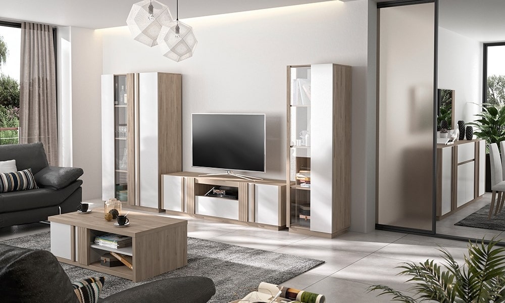 salón rectangular estrecho moderno decorado con mobiliario en color madera y blanco, y sofás grises. decorar salon rectangular estrecho